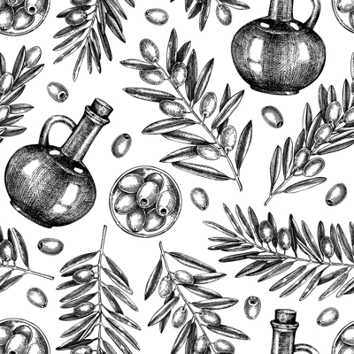 Olive oil seamless pattern. Hand drawn vector illustration. Olive tree branches, glass bottles, ripe olives sketches. Italian food background.